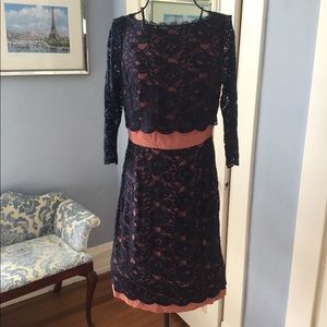 Formal dinner dress, 3/4 sleeve, navy lace overlay, salmon pink ,knee length